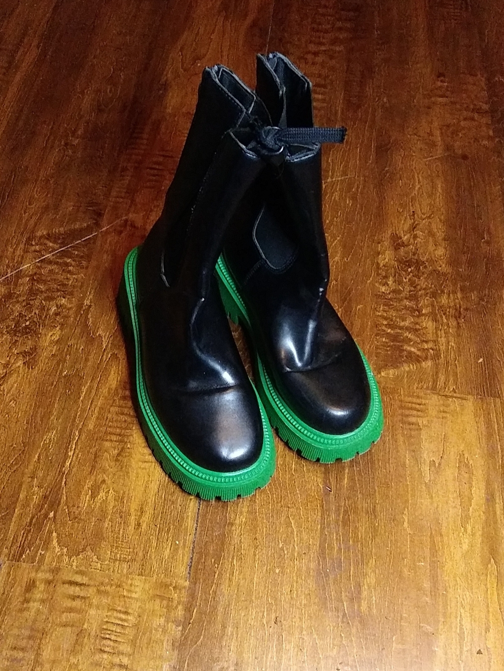 Black Men's Leather Ankle Boots with Green Lug Sole